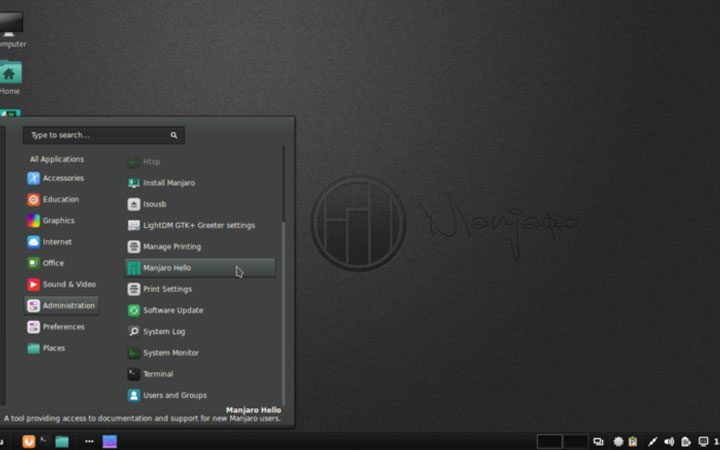 The Manjaro distro home screen with app menu open.
