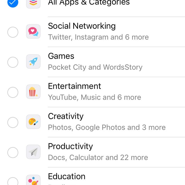 Choose from the Screen Time app limits list.