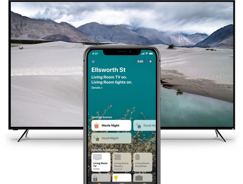 An iPhone on the Home app screen in front of a Vizio Tv.