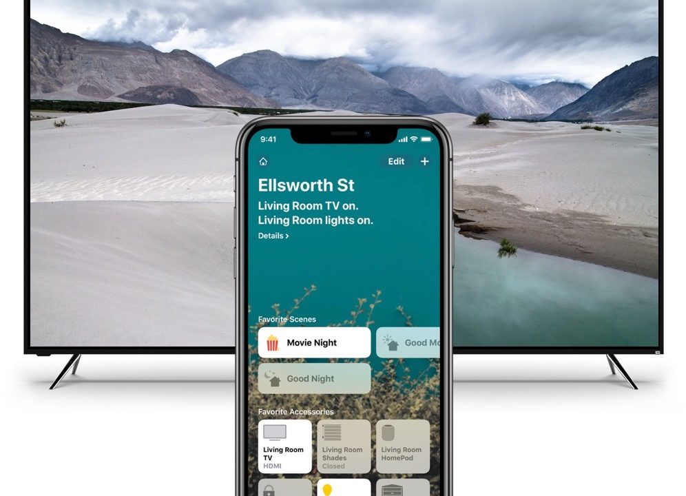 An iPhone on the Home app screen in front of a Vizio Tv.