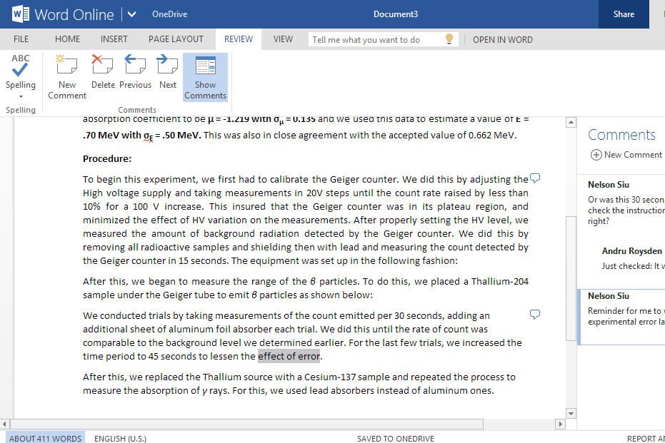 A screen in Microsoft Word Online.