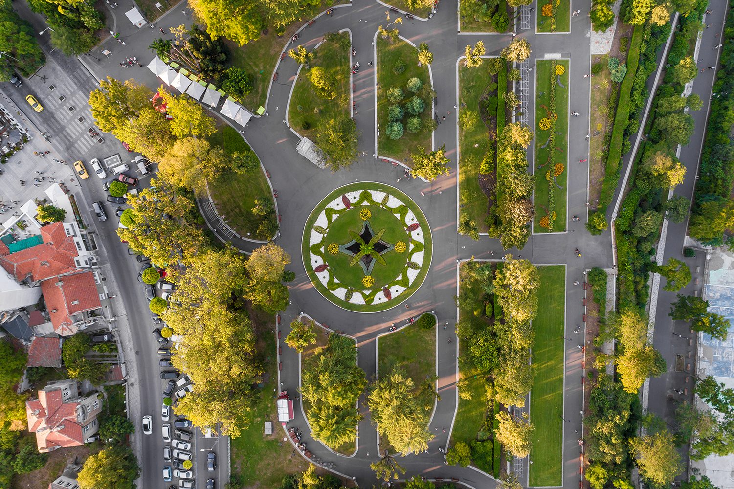 best drone photos aerial view over flower structure in the sea garden burgas  bulgaria