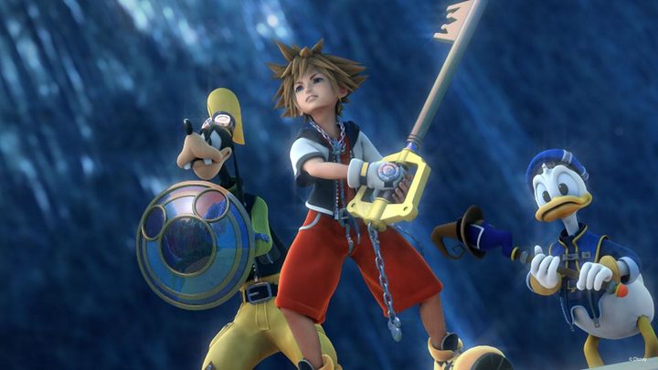 From left: Goofy, Sora, and Donald Duck about to fight in Kingdom Hearts