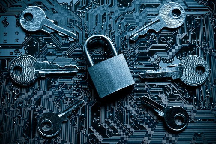 A padlock surrounded by keys.