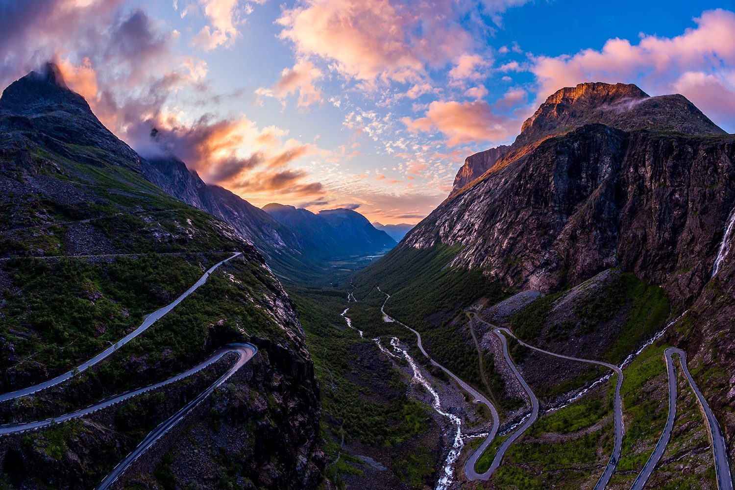best drone photos trollstigen  trolls path in sunset