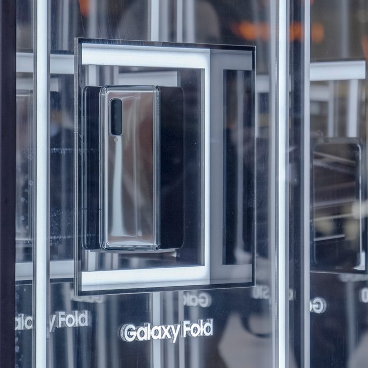 Samsung Galaxy Fold behind a glass case at Mobile World Congress