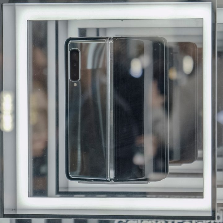 Samsung Galaxy Fold behind a glass case at Mobile World Congress