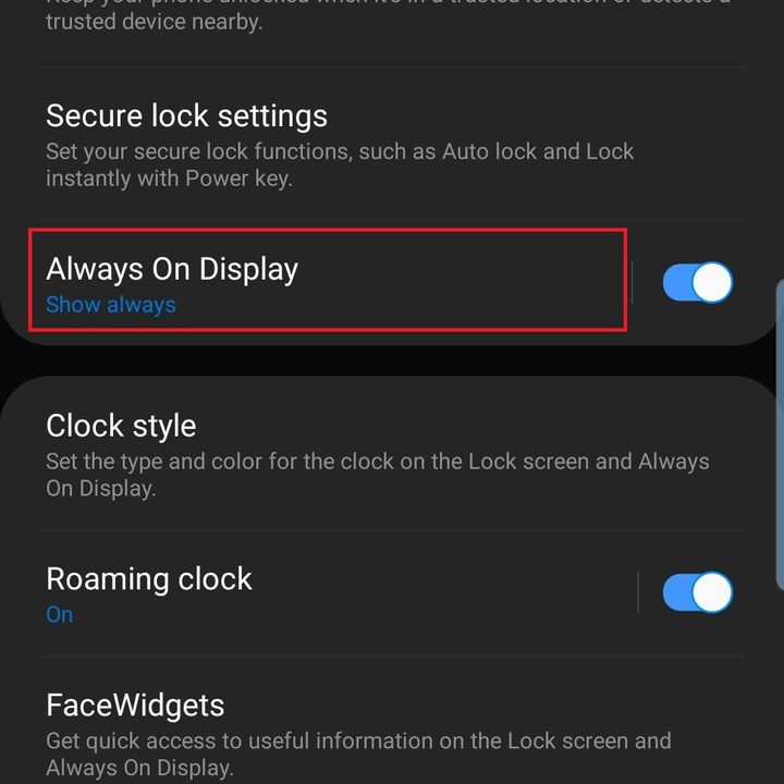 samsung galaxy s10 plus s10e settings always on display