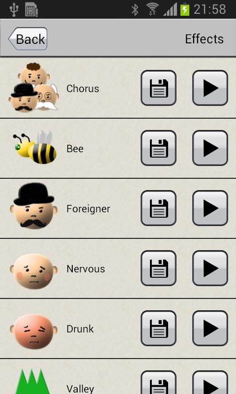 Voice Changer special effects screen.