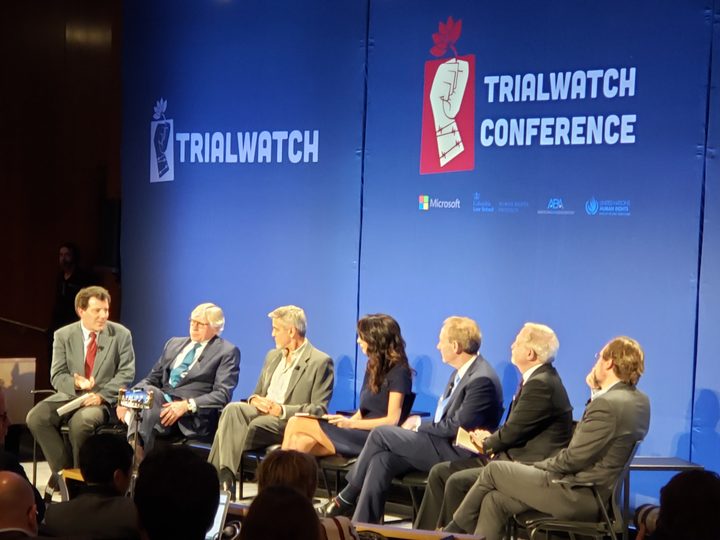 A panel including George and Amal Clooney and Microsoft President Brad Smith discuss the new Trial Watch app at Columbia University.