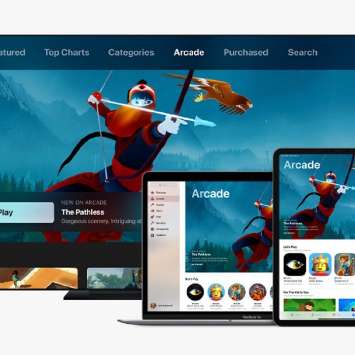 Apple Arcade games appearing on a MacBook, iPad, and iPhone.