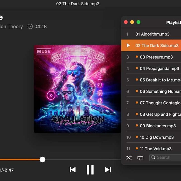 Elmedia Video Player shows playlist and cover art.
