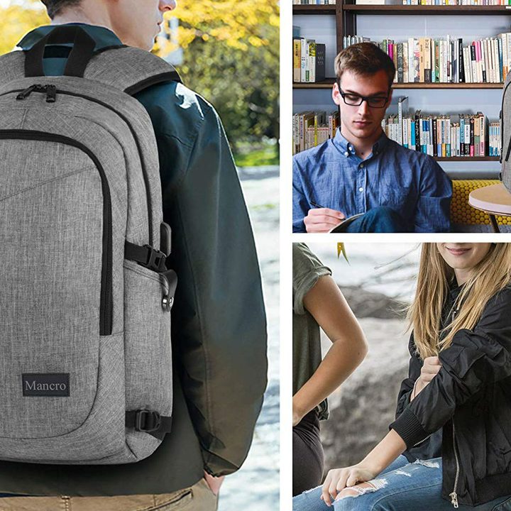 Mancro Laptop Backpack with Charging Port featured in a collage of three photos with varying views of the backpack.