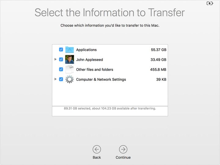 Migration Assistant Select Information to Transfer
