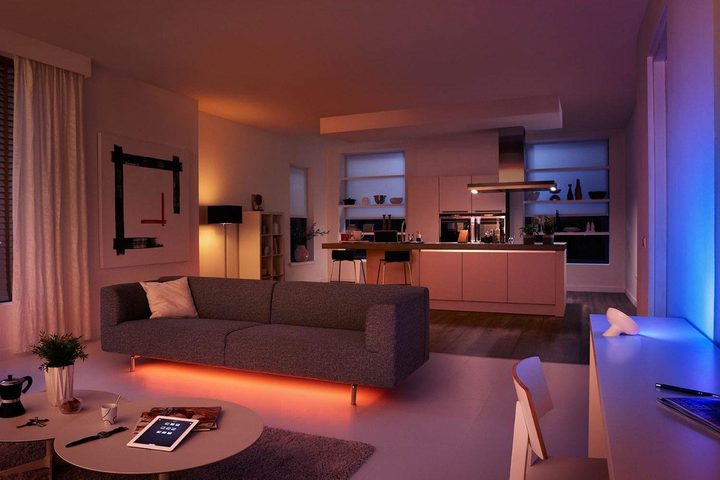 Multiple colored hue lights on inside a living room