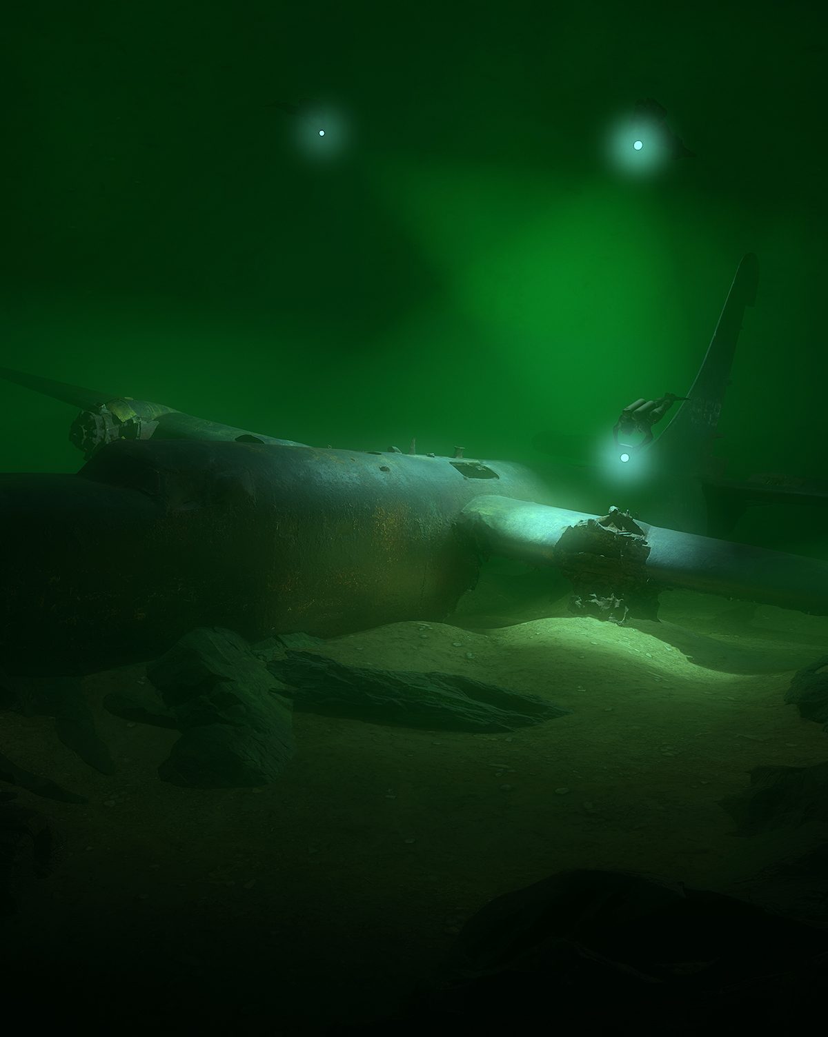 Render of Sunken World War II-era patrol bomber, the Consolidated PB4Y-2 Privateer.