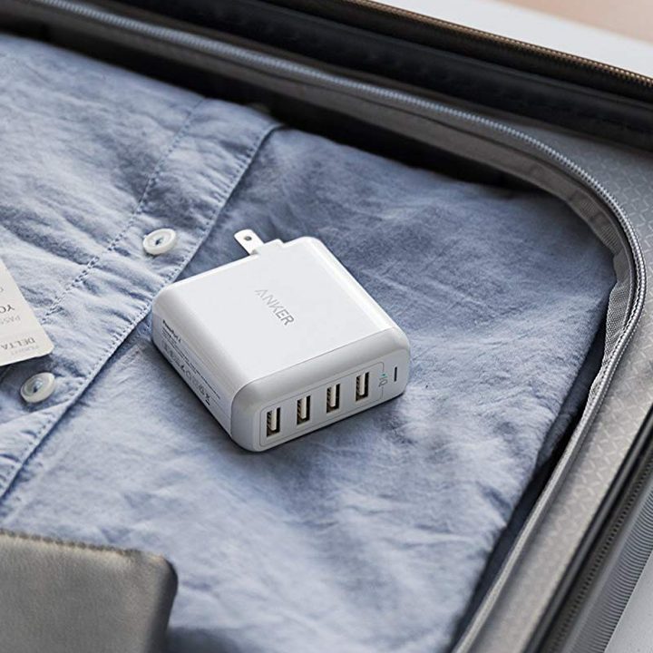Anker PowerPort 4 packed in a travel bag.