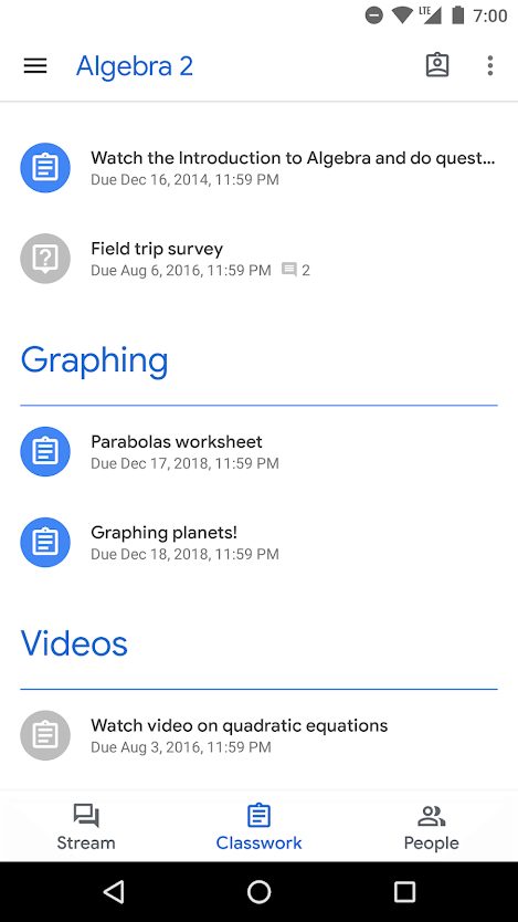 Google Classroom assignments.