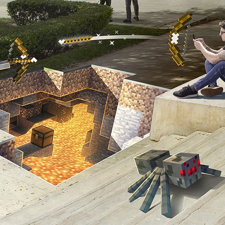 Player battling with an AR skeleton above an AR lava pit| Minecraft Earth Key Art
