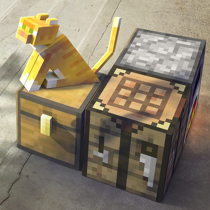 An AR cat sits on an AR chest next to an AR crafting table and furnace| Minecraft Earth Key Art
