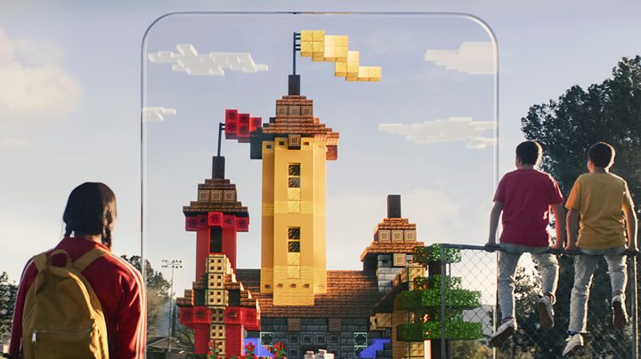 Minecraft Earth Kids Looking at AR Castle
