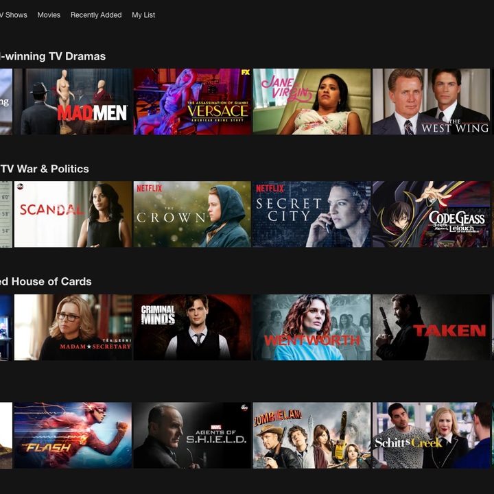 Netflix app's menu of movies and television shows.