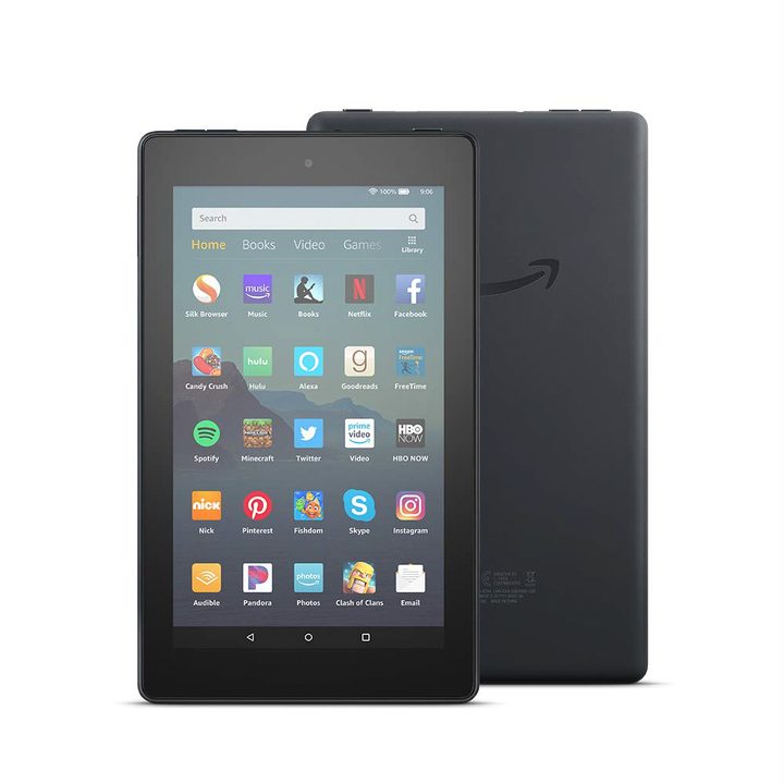 The Amazon Fire 7 tablet, viewed from the front and the back, with apps displayed on the screen.