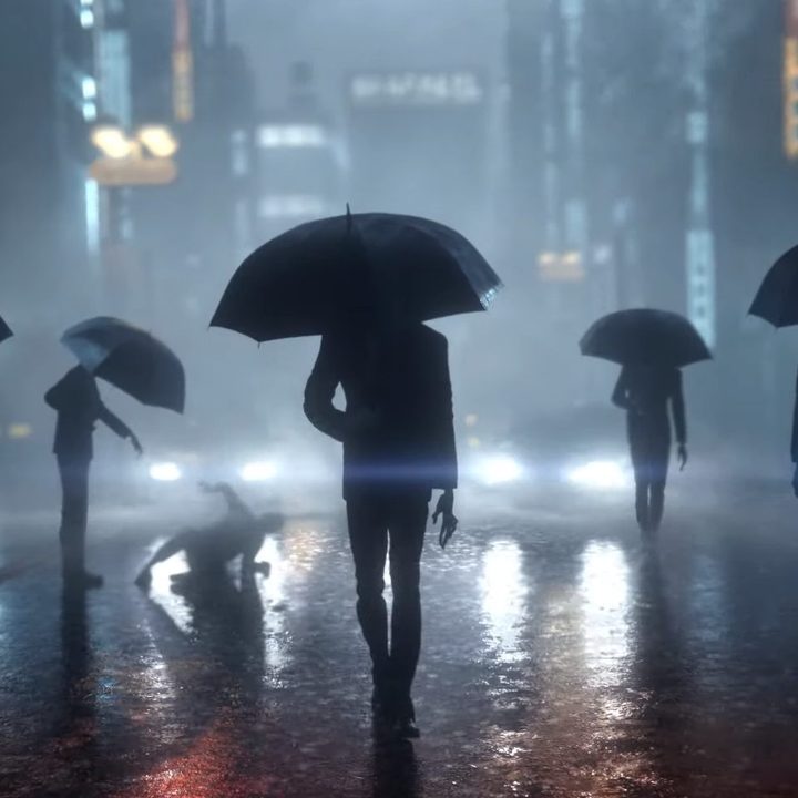 Shadowy figures under umbrellas on the street in Ghostwire: Tokyo..