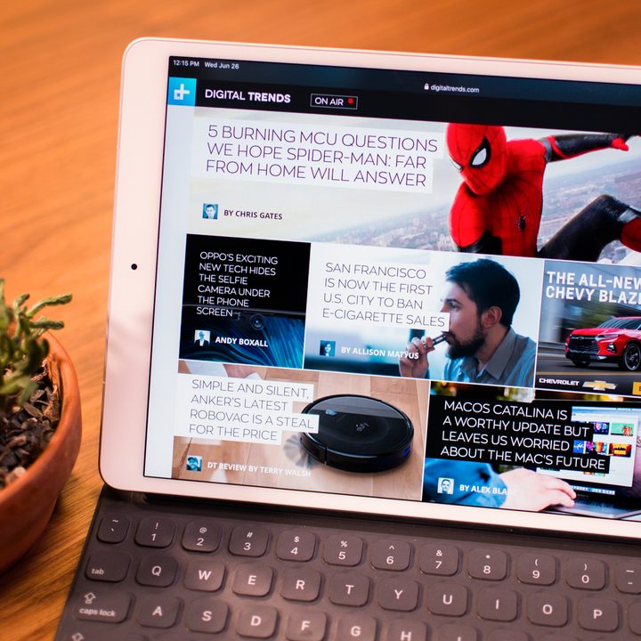 iPad on table connected to a keyboard beside a potted plant.