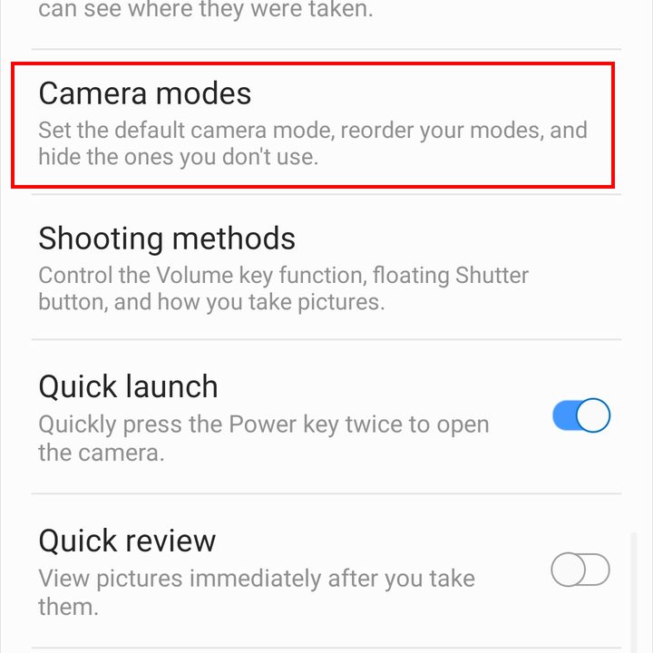 Samsung Galaxy S10 Camera modes