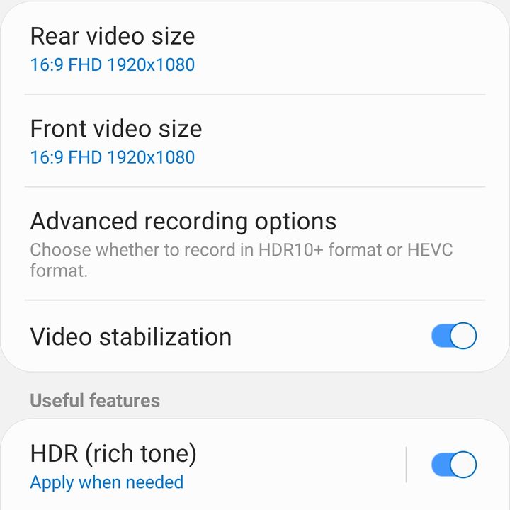 Samsung Galaxy S10 Camera video settings
