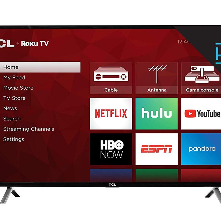 The TCL 55S431 4K TV with the Roku TV interface on the 55-inch screen.
