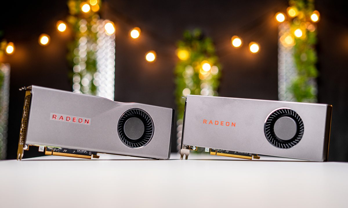 AMD Radeon RX 5700 and 5700 XT sitting on a table.