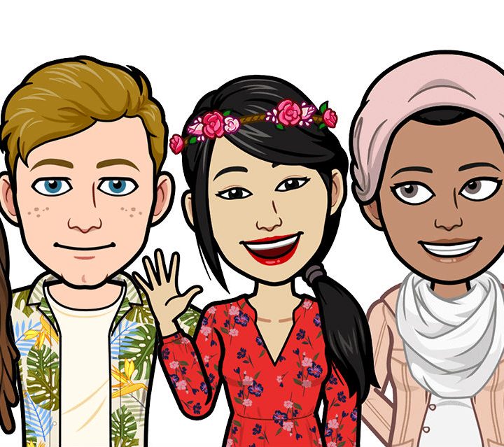 Different examples of Bitmoji including people of difference race, gender, etc.