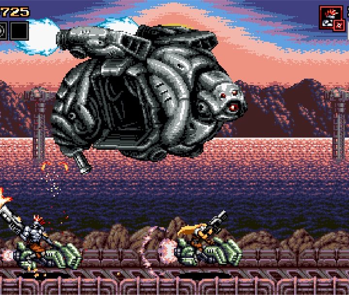 Ship flying above characters in Blazing Chrome.
