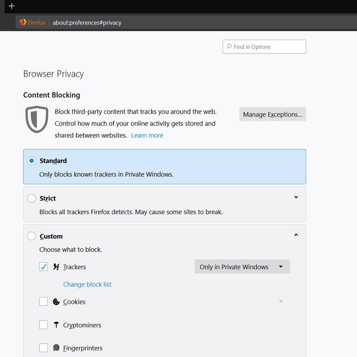 Firefox privacy settings screenshot