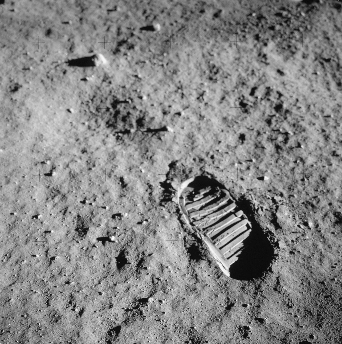 Astronaut footprint photo by NASA taken on a Hasselblad camera during the Apollo missions