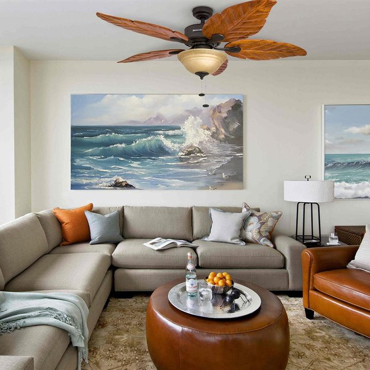 Honeywell ceiling fan in a living room setup.