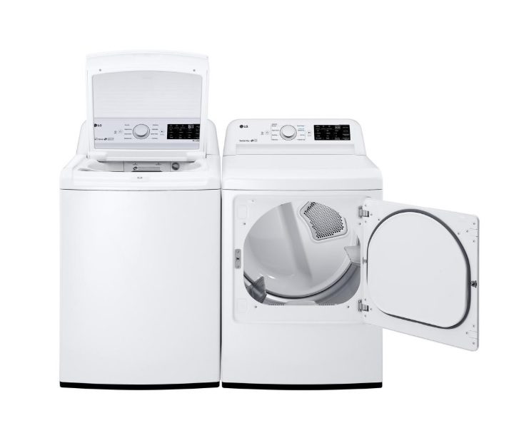 The LG DLE7100W next to an LG washer.
