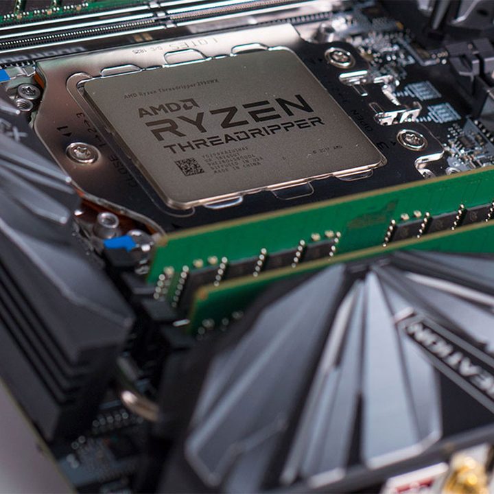 An AMD Threadripper processor in a motherboard.