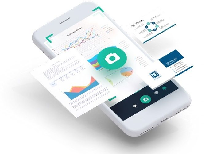 Graphic showing functionality of The CamScanner app.