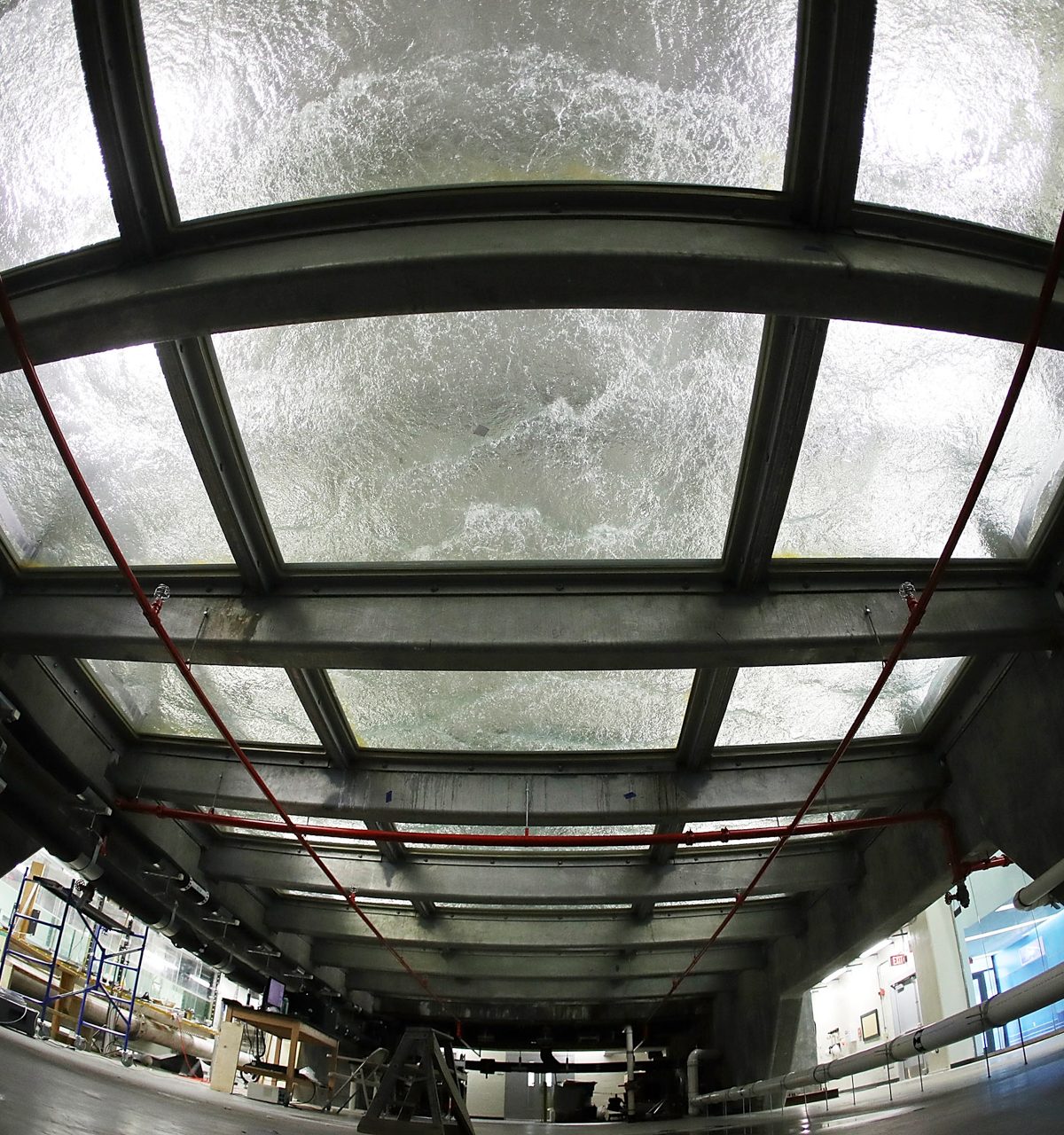 The Surge Structure Atmosphere Interaction Facility's hurricane simulator seen from below