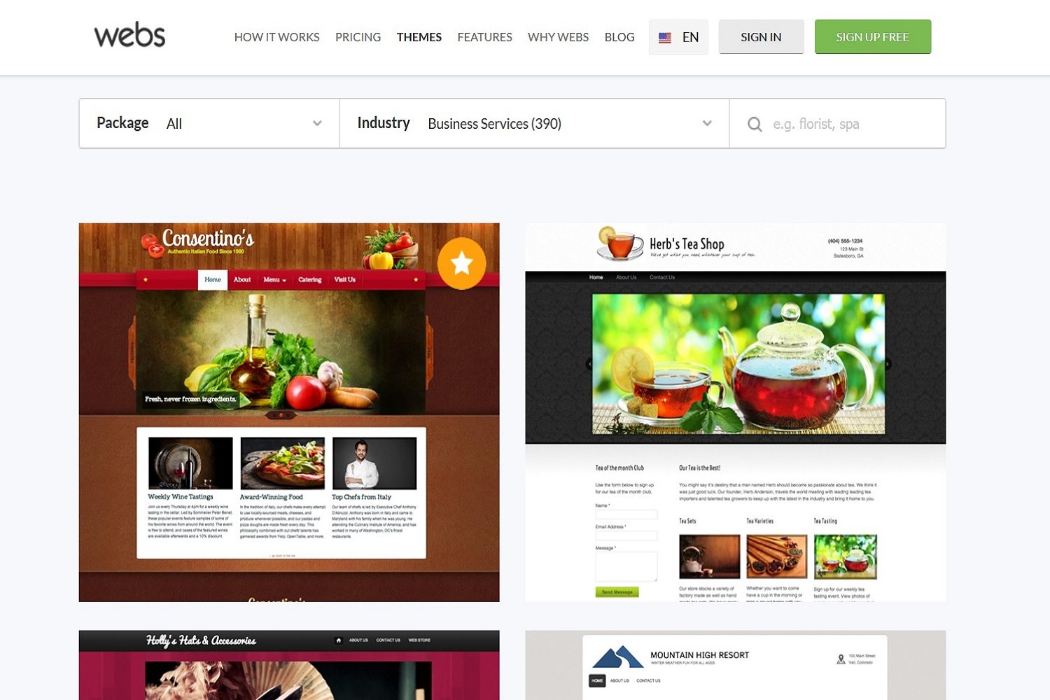 webs template offerings screenshot