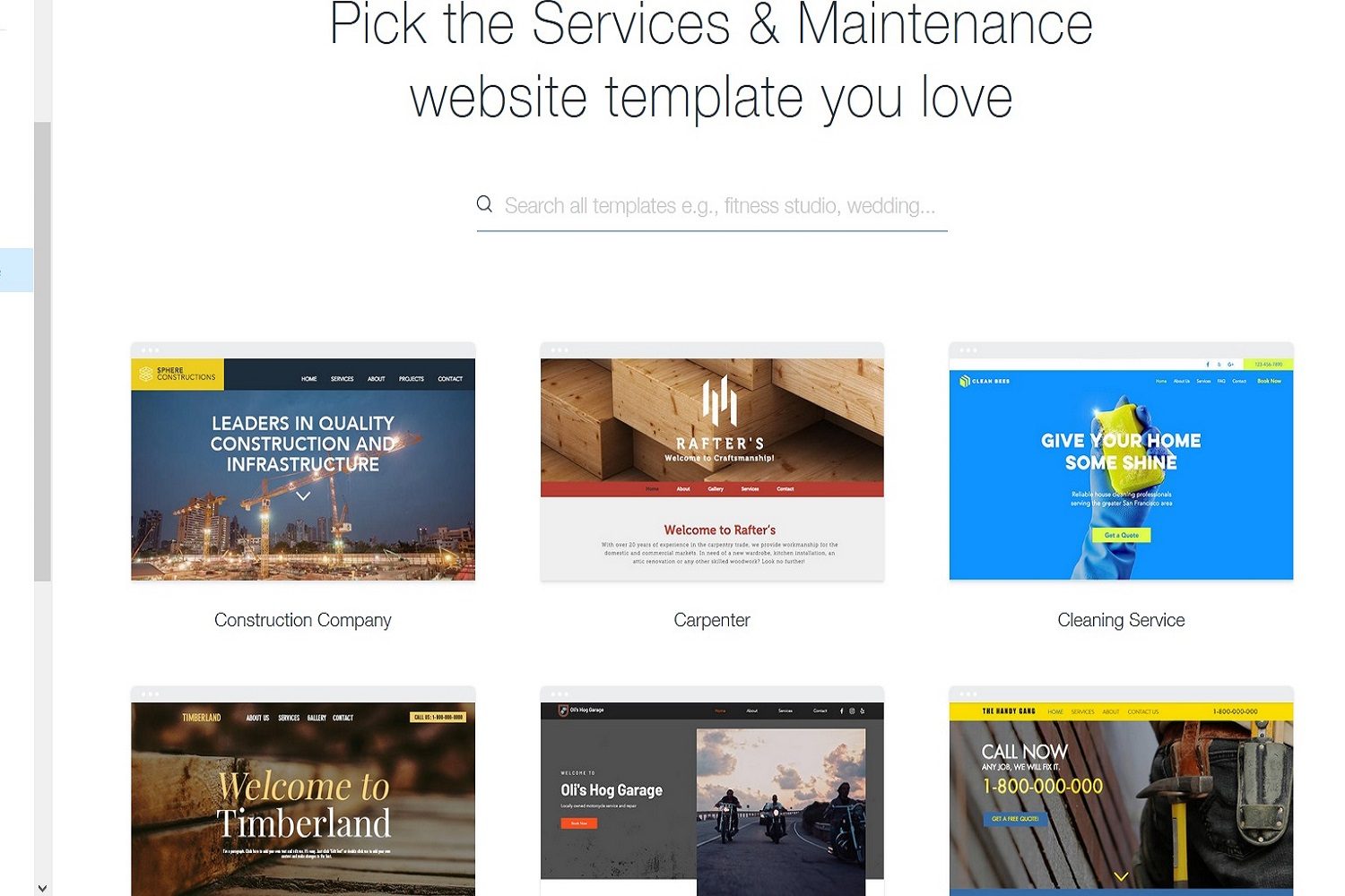 screenshot of Wix services templates