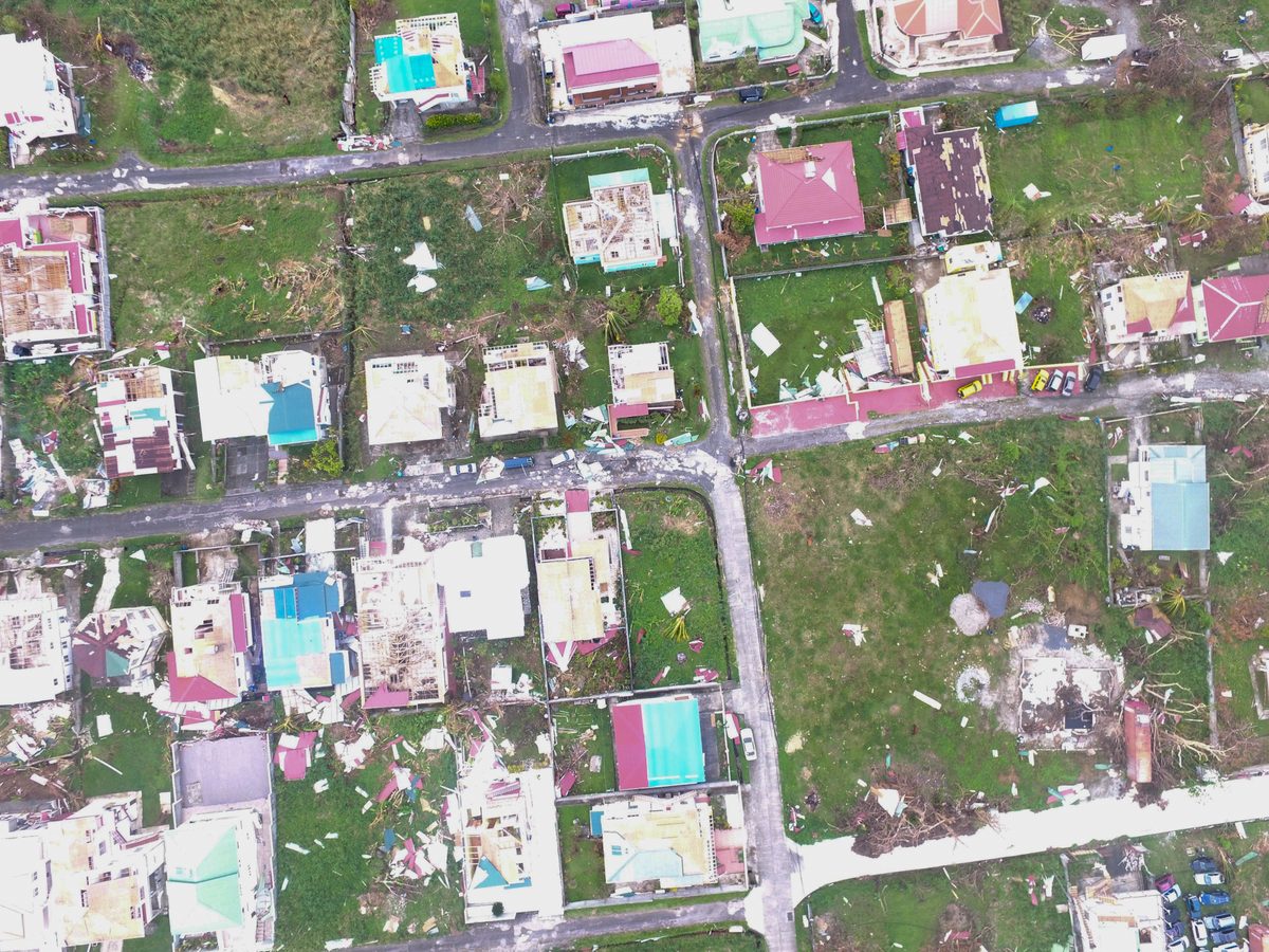 An aerial shot from a drone of damaged homes and land after Hurricanes Irma and Maria.