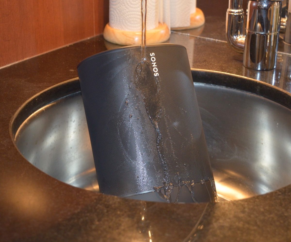 The Sonos Move under a faucet