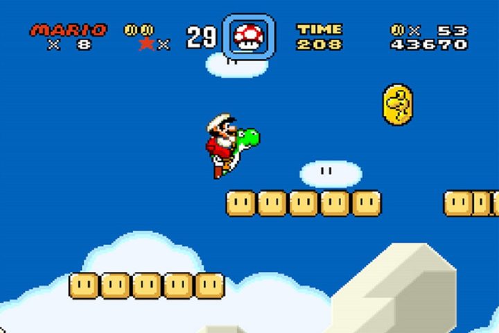 Mario riding yoshi in Super Mario World.