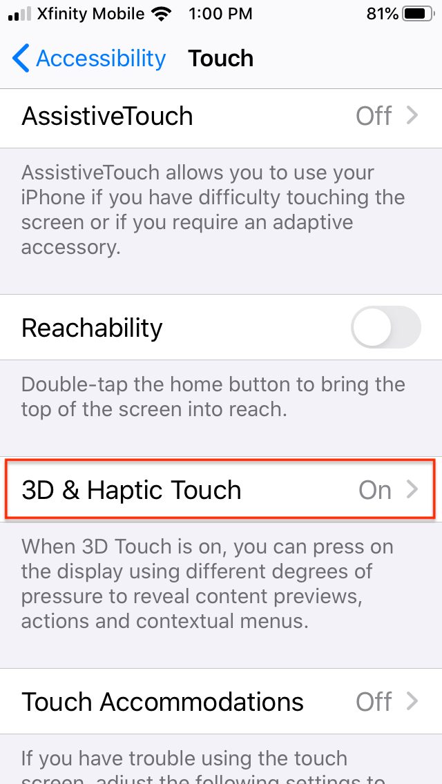 how to disable 3d and haptic touch in ios 13 touch1