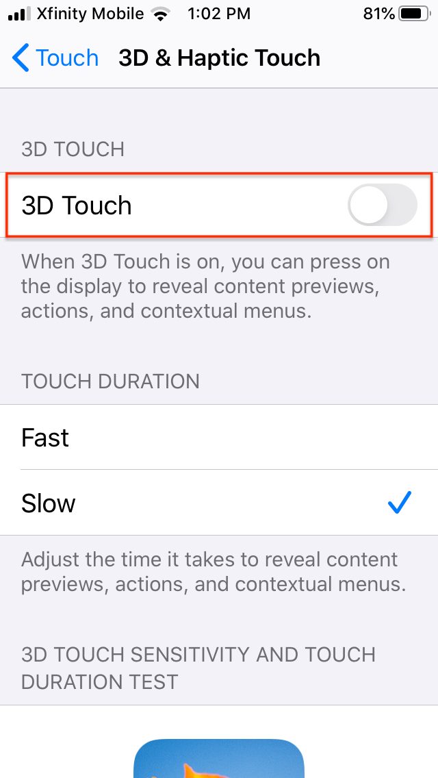 how to disable 3d and haptic touch in ios 13 touch5
