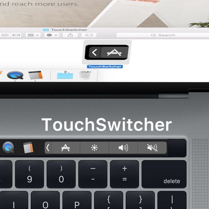 A MacBook Pro displaying the TouchSwitcher functions.
